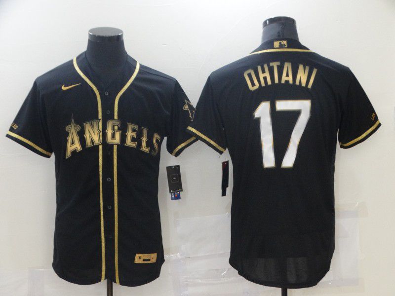 Men Los Angeles Angels 17 Ohtani Black Gold Elite New 2021 Nike MLB Jersey